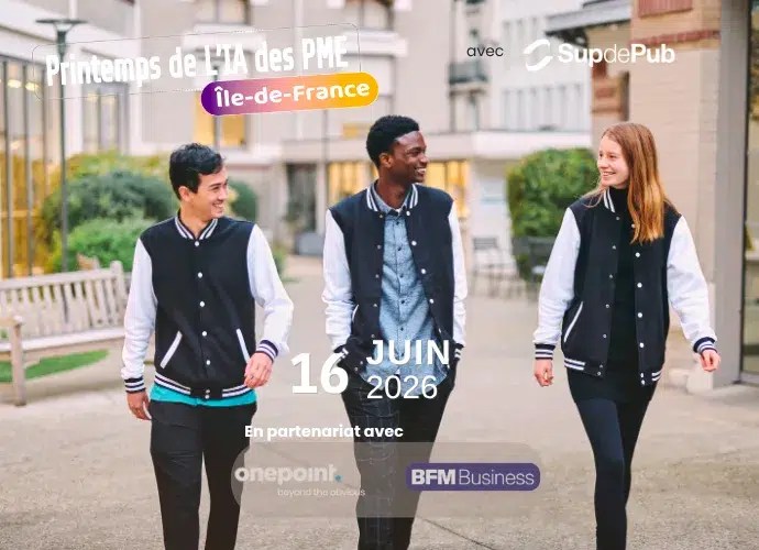 Flyer officiel du Printemps de l'IA des PME Île-de-France 2026, en partenariat avec Onepoint et BFM Business, avec trois étudiants OMNES Education