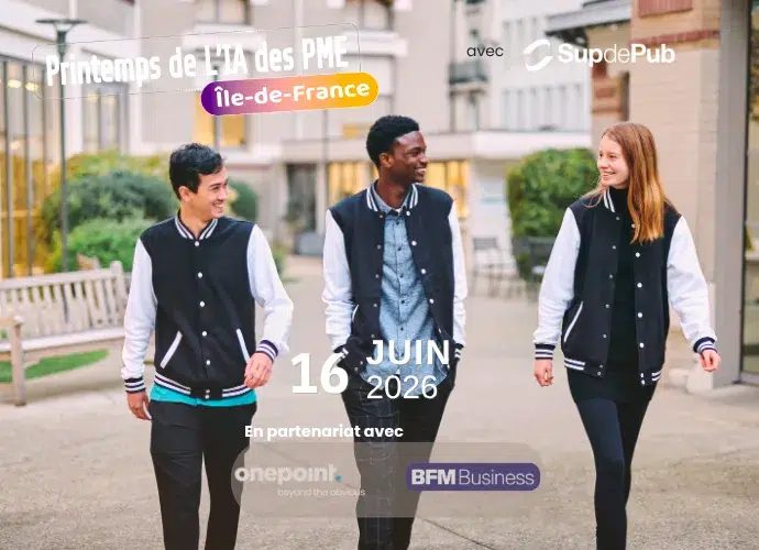 Flyer officiel du Printemps de l'IA des PME Île-de-France 2026, en partenariat avec Onepoint et BFM Business, avec trois étudiants OMNES Education